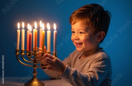Wallpaper Mural portrait happy Beautiful little boy lighting candles on menorah for Hanukkah.  blue background. Jewish holiday. Tradition is a religious ritual. Torontodigital.ca