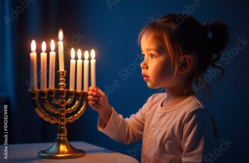 portrait happy Beautiful little girl lighting candles on menorah for Hanukkah.  blue background. Jewish holiday. Tradition is a religious ritual. photo