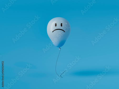 Blue monday concept with sad face balloon floating on blue background