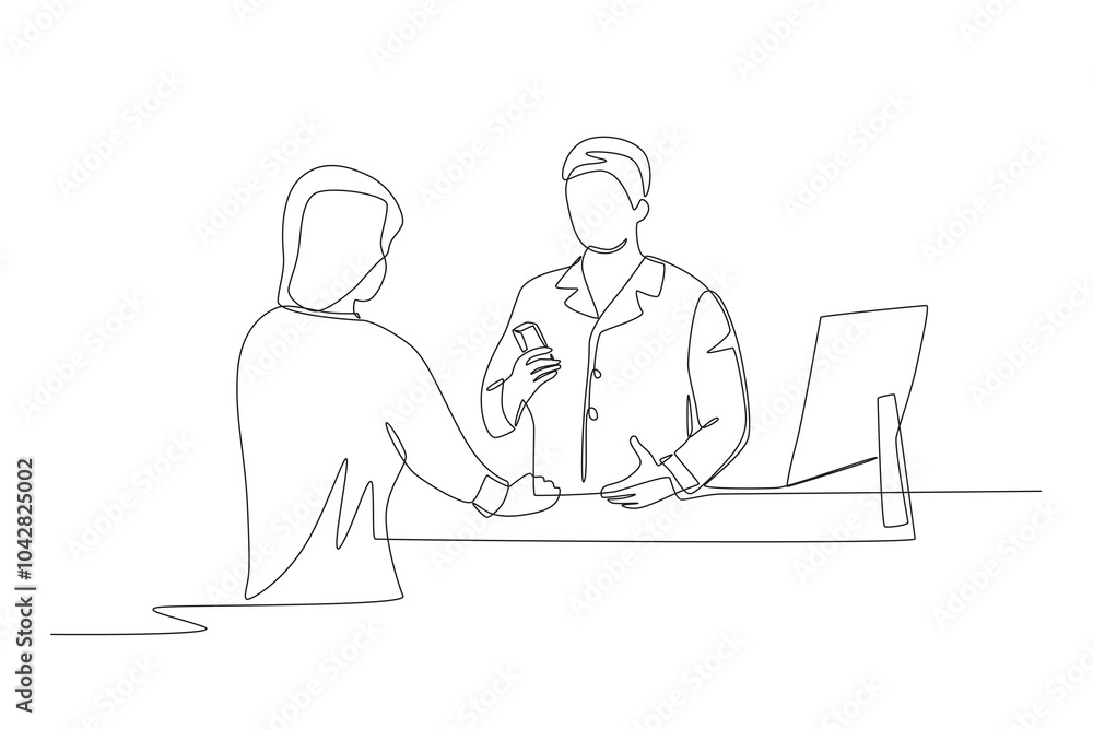Patients redeem their medicines at the pharmacy. Pharmaceutical companies concept one-line drawing Patients redeem their medicines at the pharmacy. Pharmaceutical companies concept one-line drawing