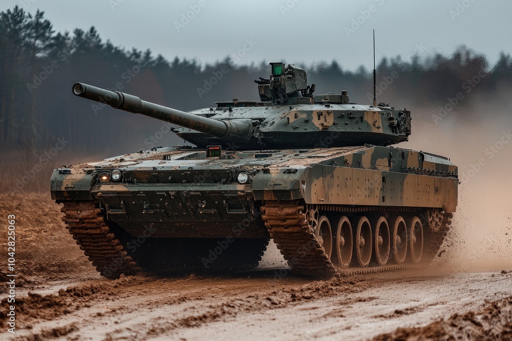 Modern battle tank driving on mud terrain during military exercise Modern battle tank driving on mud terrain during military exercise