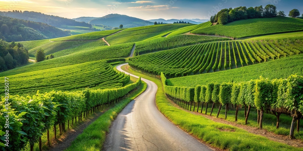Fototapeta premium description: A scenic road winding through a vibrant vineyard