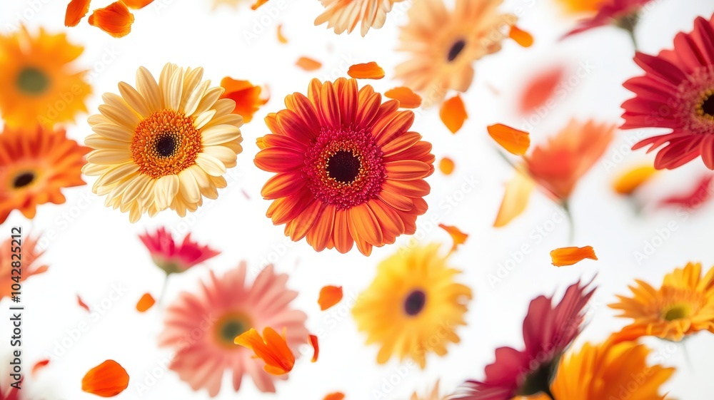 Colorful gerberas and other beautiful flowers flying in air on color background,Collection pink gerberas,Gerber Gerbera Daisy daisies flower floral,Mockup template artwork graphic design. Colorful gerberas and other beautiful flowers flying in air on color background,Collection pink gerberas,Gerber Gerbera Daisy daisies flower floral,Mockup template artwork graphic design.
