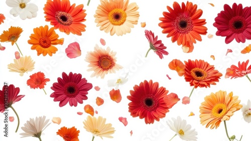 Colorful gerberas and other beautiful flowers flying in air on color background,Collection pink gerberas,Gerber Gerbera Daisy daisies flower floral,Mockup template artwork graphic design. photo