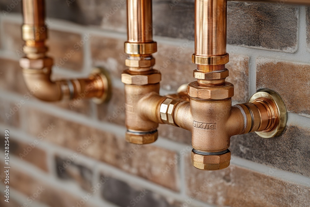 Copper water pipes with valves being installed on brick wall Copper water pipes with valves being installed on brick wall