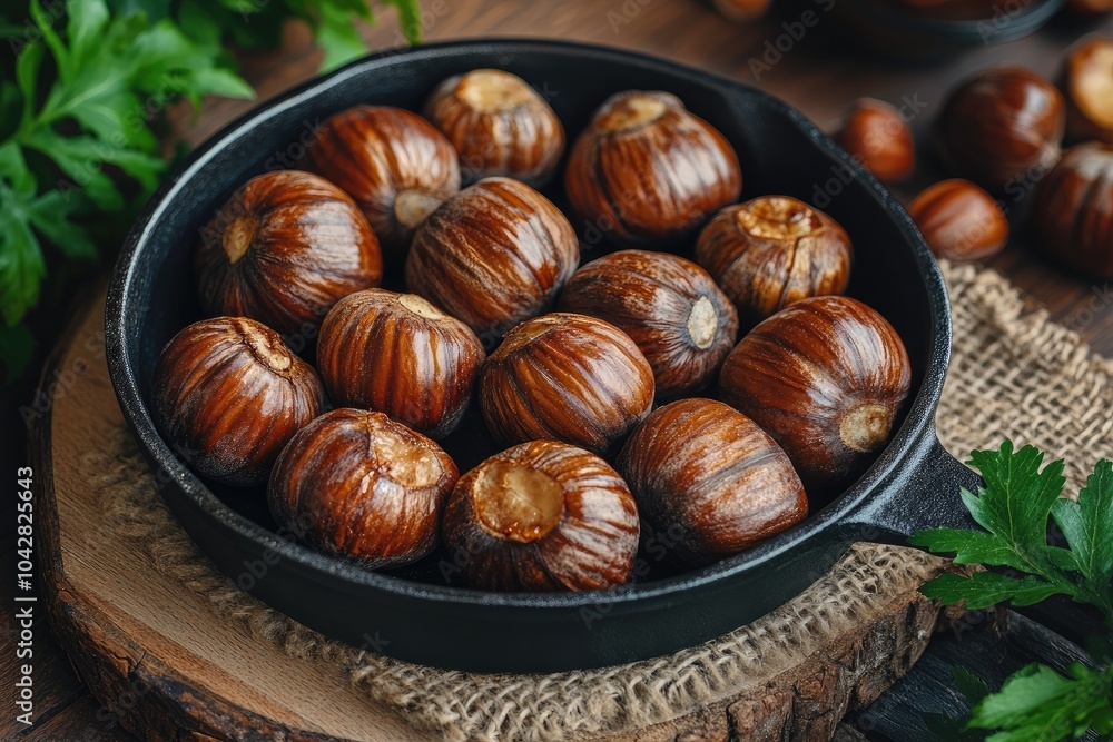 Obraz premium Roasted hazelnuts piled inside cast iron skillet on rustic wooden board