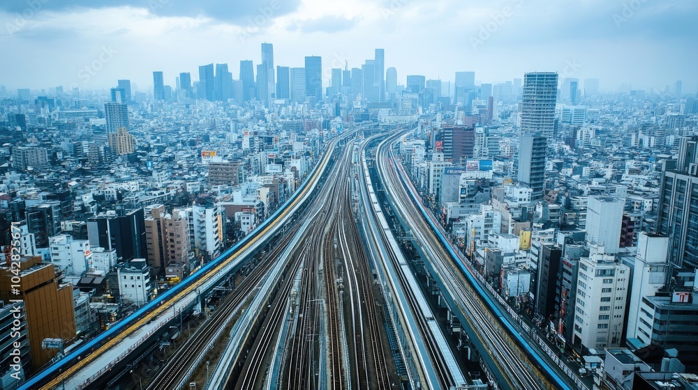 Fototapeta premium Aerial View of Railway Tracks in Urban Landscape