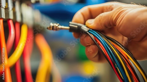 Electrician Working on Wiring in a New Home photo