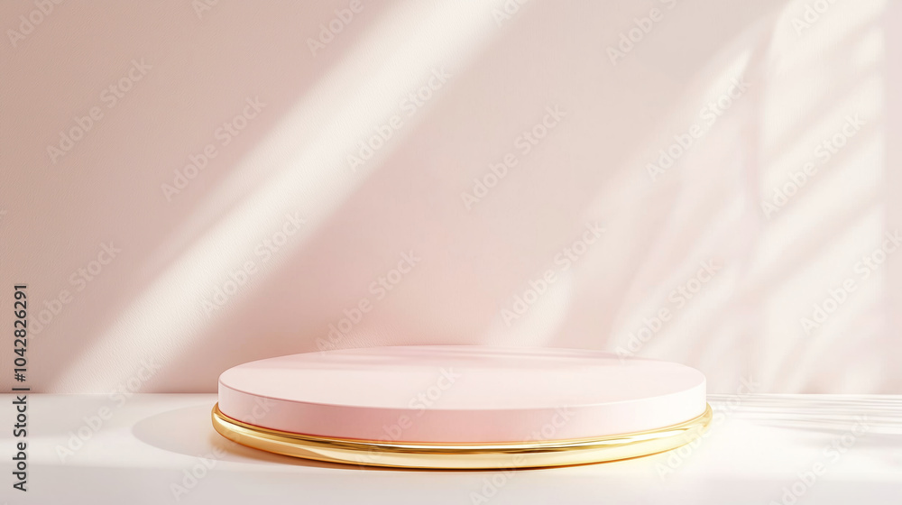 Elegant Round Pastel Pink Podium with Delicate Gold Circle on a Soft White Surface.. Elegant Round Pastel Pink Podium with Delicate Gold Circle on a Soft White Surface..