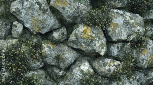 Weathered Stone Wall with Green Patches and Textures