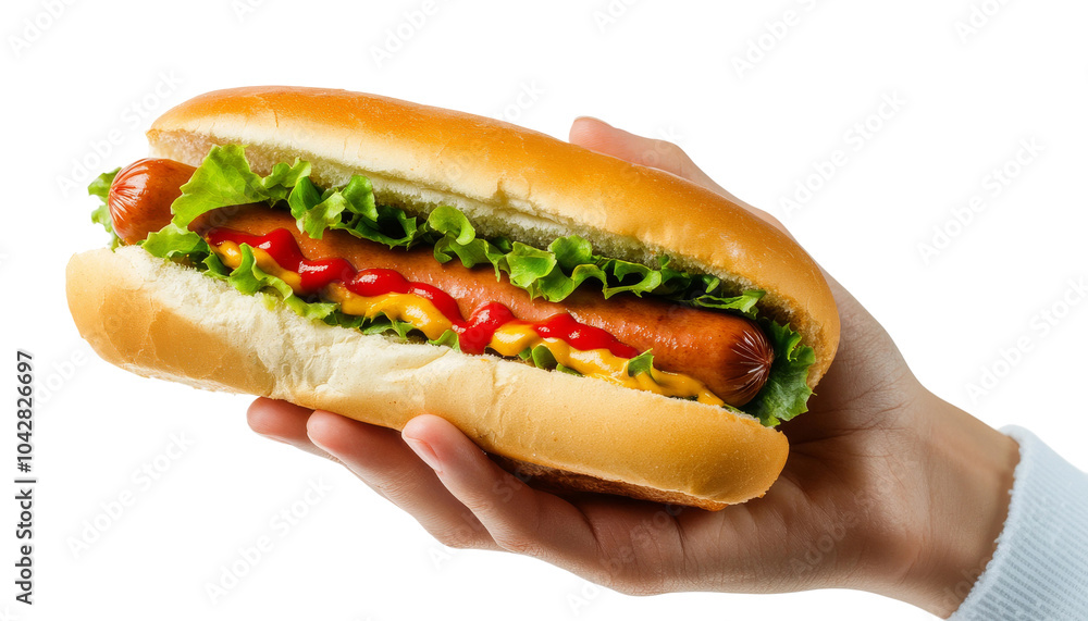 Woman holding a fresh hot dog with lettuce ketchup and mustard Woman holding a fresh hot dog with lettuce ketchup and mustard