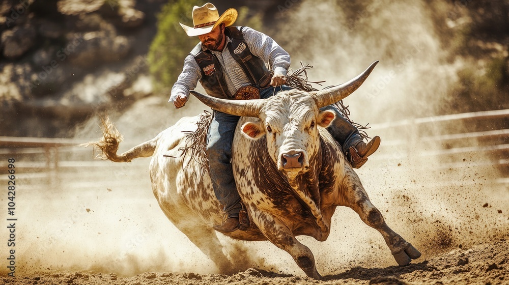 Fototapeta premium Cowboy riding a powerful bull in a rodeo competition