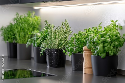 Fresh herbs growing in a modern kitchen adding a touch of green photo