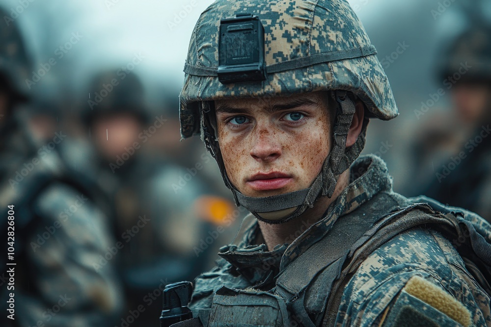 Soldier wearing camouflage standing in front of troops Soldier wearing camouflage standing in front of troops