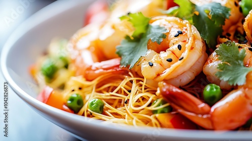 Close-up of Seasoned Shrimp with Thin Noodles and Fresh Cilantro