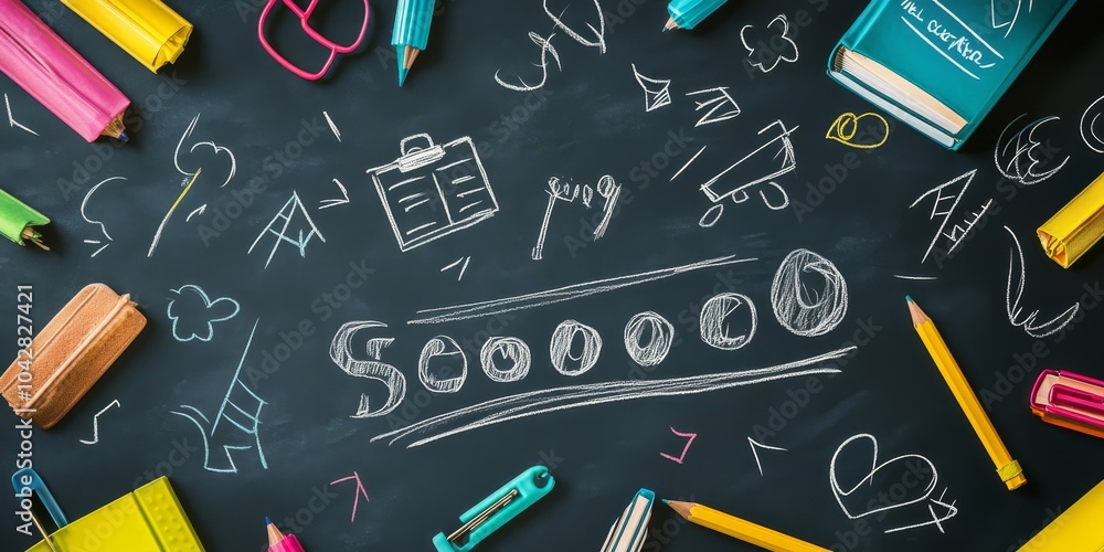 A colorful design featuring books, a desk, and school supplies on a chalkboard background. It includes chalk drawings and text related to back-to-school, college, and education. A colorful design featuring books, a desk, and school supplies on a chalkboard background. It includes chalk drawings and text related to back-to-school, college, and education.