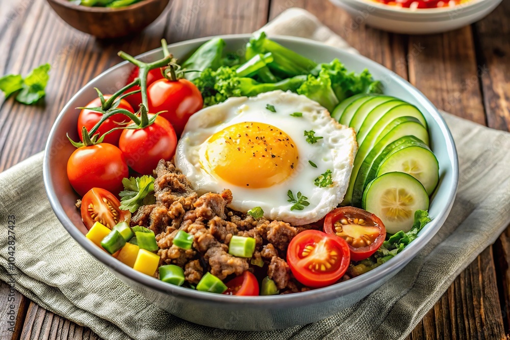 Keto meal bowl with ground meat, sunny side up egg, fresh veggies reflected Keto meal bowl with ground meat, sunny side up egg, fresh veggies reflected