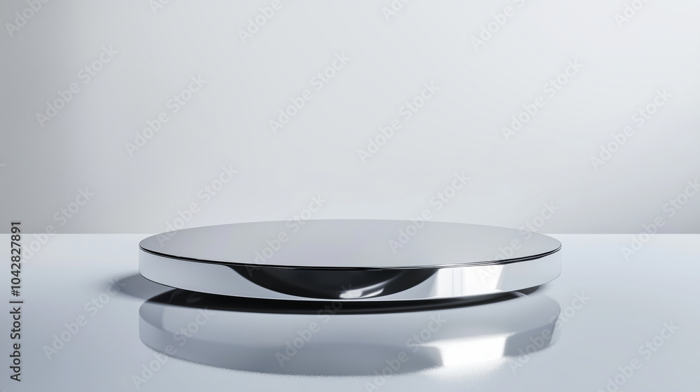Glossy Round Chrome Podium with Reflective Top Circle Against a White Background.. Glossy Round Chrome Podium with Reflective Top Circle Against a White Background..