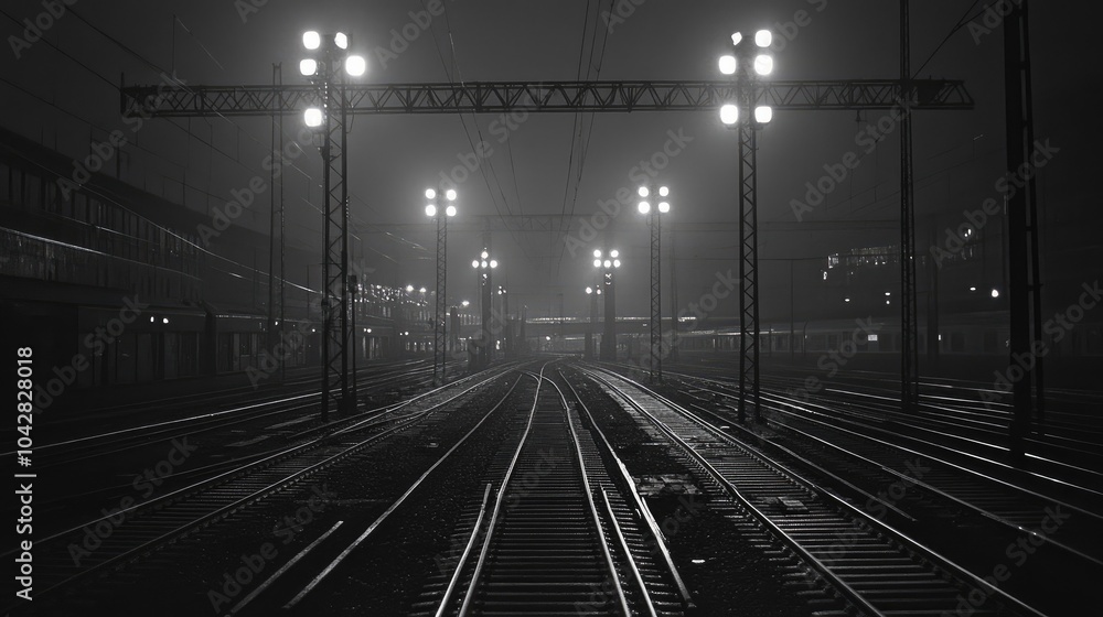 Fototapeta premium Converging Railway Tracks at Junction at Night