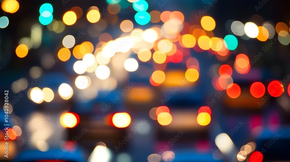 Vibrant Bokeh Lights in the City Night Skyline with Blurred Traffic Vibrant Bokeh Lights in the City Night Skyline with Blurred Traffic