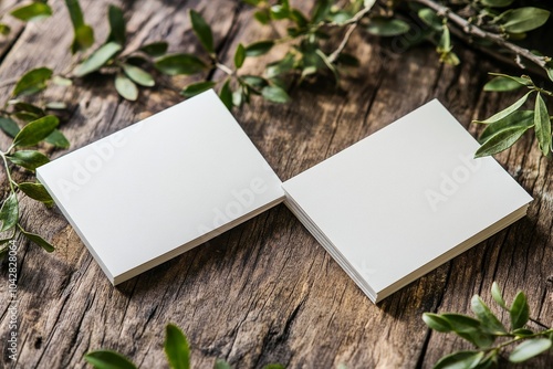 Two blank white cards on rustic wooden background with greenery surrounding them.