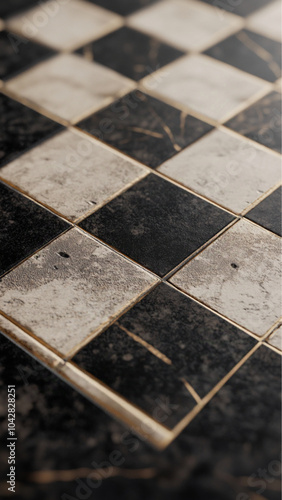 a close up of a chess board made of metal. The black side is made from black granite. The white side is made of steel 