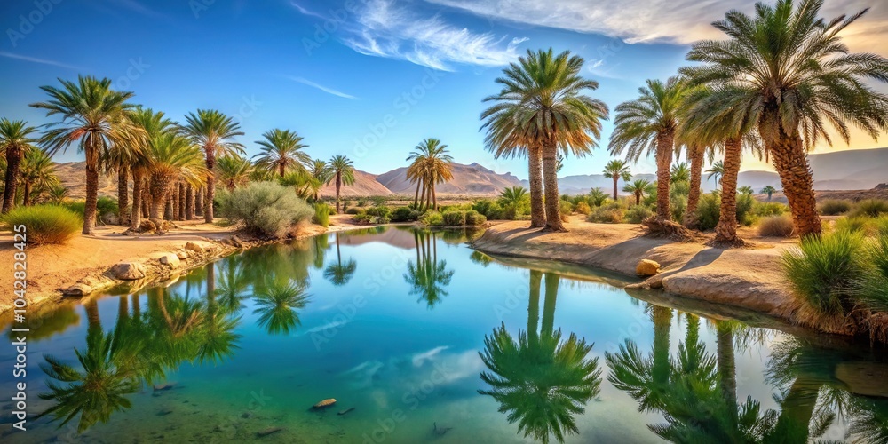 Fototapeta premium Desert oasis with palm trees and water pool