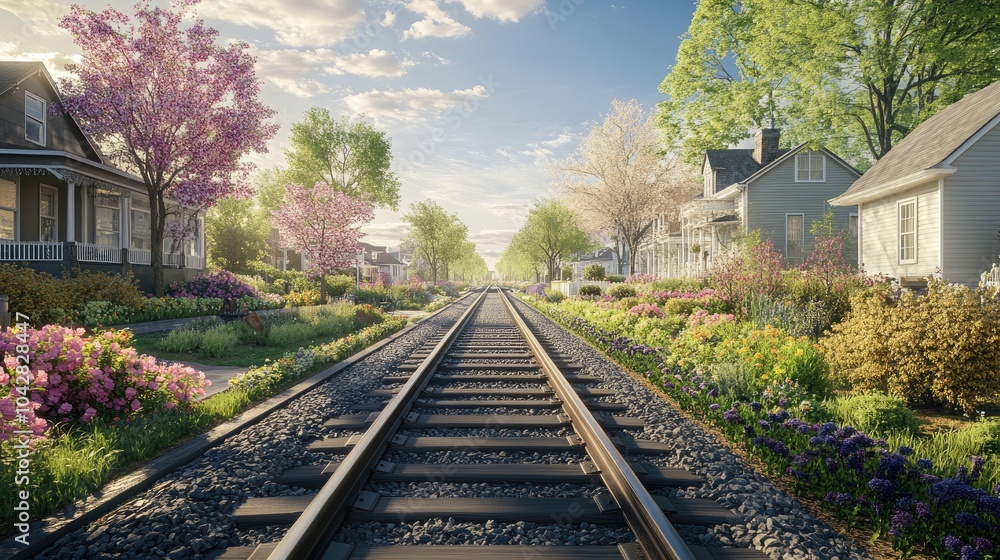 Fototapeta premium Serene Railway Tracks Through a Quiet Suburban Landscape
