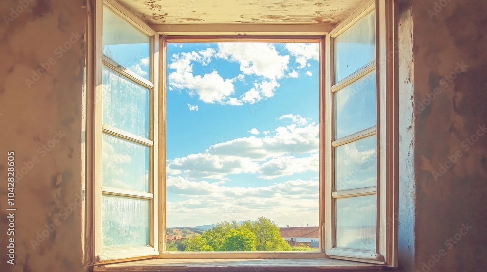 Open window view sky clouds landscape greenery Open window view sky clouds landscape greenery
