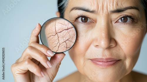 70代女性の肌をルーペで拡大している。