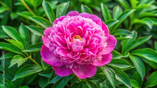 Floral beauty of blooming peony with green leaves aerial view