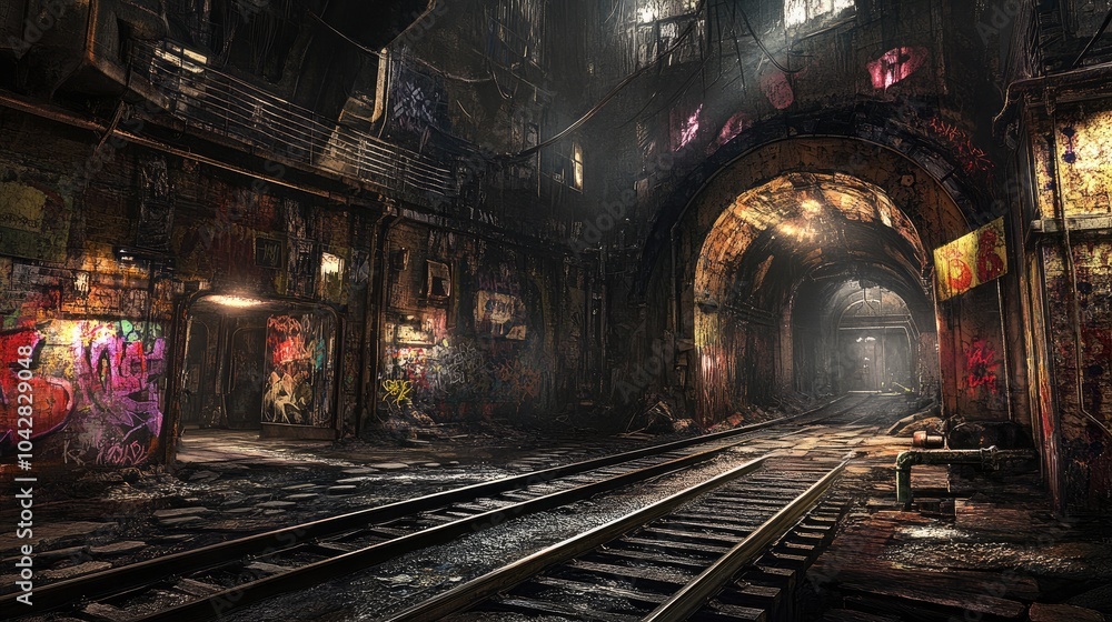 Mysterious Railway Tracks Leading into Dark Tunnel Mysterious Railway Tracks Leading into Dark Tunnel