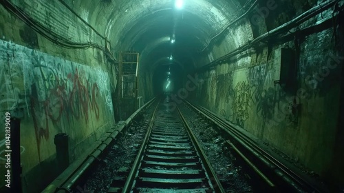 Railway Tracks Leading into a Dark Tunnel