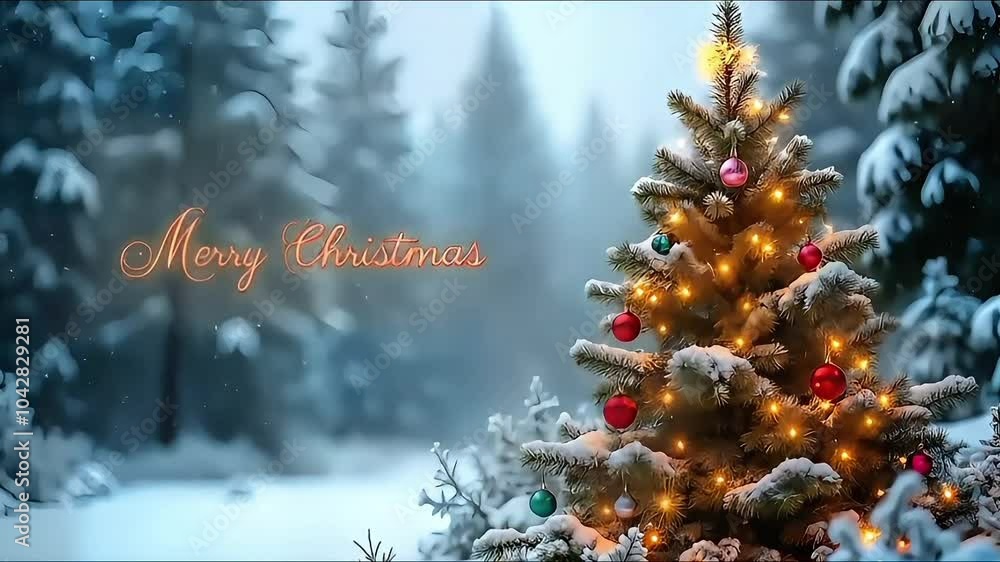 Merry Christmas reveal. Christmas tree in the winter forest. Beautiful winter landscape with Christmas tree. Winter scene with christmas greetings, Generative AI