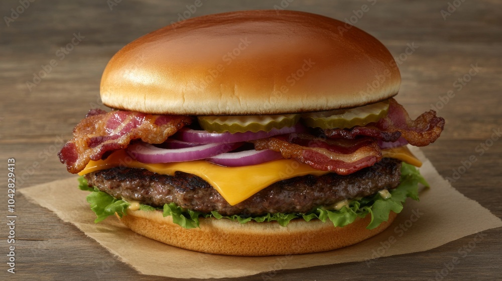 Juicy Burger with Bacon and Tasty Toppings Juicy Burger with Bacon and Tasty Toppings