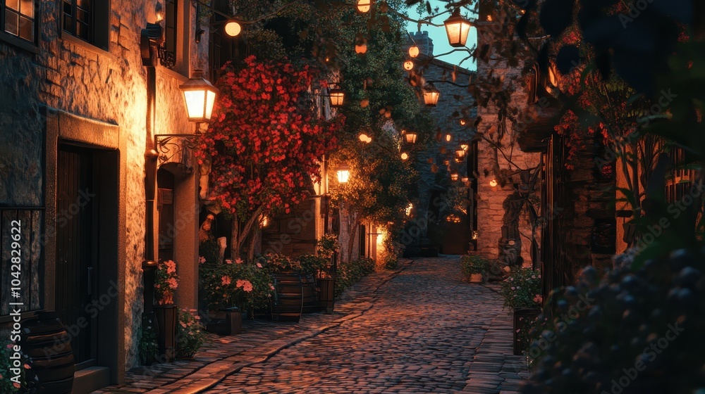 Fototapeta premium Romantic Evening Stroll in a Quiet European Alley