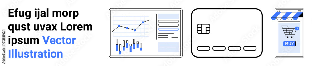 Set of icons showing a market analysis graph, a credit card, and an online shopping cart. Ideal for finance, e-commerce, data analysis, digital transactions, and business growth. Banner for landing Set of icons showing a market analysis graph, a credit card, and an online shopping cart. Ideal for finance, e-commerce, data analysis, digital transactions, and business growth. Banner for landing