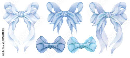Watercolor Blue Ribbon Bow Illustration. Set of trendy blue, violet coquette ribbon bow. Watercolor hand drawn illustration isolated, white background. Soft pastel colors.Wedding invitation, party