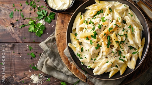 Chicken alfredo penne with parsley on cloth is seen above