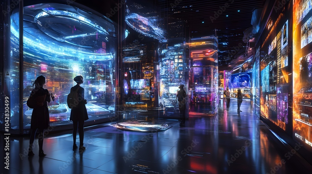 Naklejka premium Immersive Futuristic Retail Spaces with Personalized Digital Displays and Responsive Architectural Structures