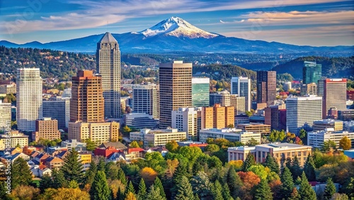 Downtown skyline of Portland, Oregon shown in extreme close-up