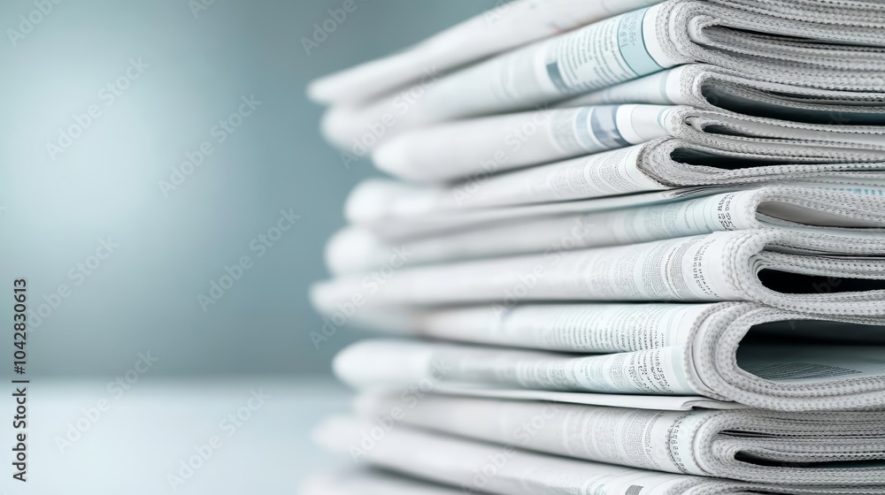 Close-up of stacked newspapers, focus on crisp pages and print, symbolizing information and traditional journalism Close-up of stacked newspapers, focus on crisp pages and print, symbolizing information and traditional journalism