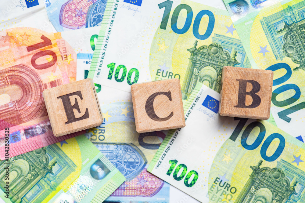Real Estate. Euro. Interest rates. Inflation. Monetary Policy. Press Conference. Wooden cubes with acronym ECB. On the white background. ECB short for European Central Bank Real Estate. Euro. Interest rates. Inflation. Monetary Policy. Press Conference. Wooden cubes with acronym ECB. On the white background. ECB short for European Central Bank