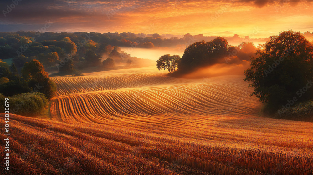Fototapeta premium A captivating sunrise illuminating the harvest fields, creating a beautiful contrast with the morning fog.