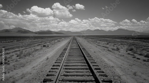 Railway Tracks Stretching Across an Empty Plain photo