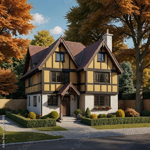 Houses in Tudor style.  This is AI generated, property release is not required.  photo