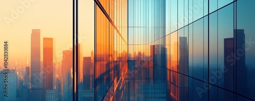 Geometric glass architecture bathed in warm and cool hues, abstract city background for business and professional themes