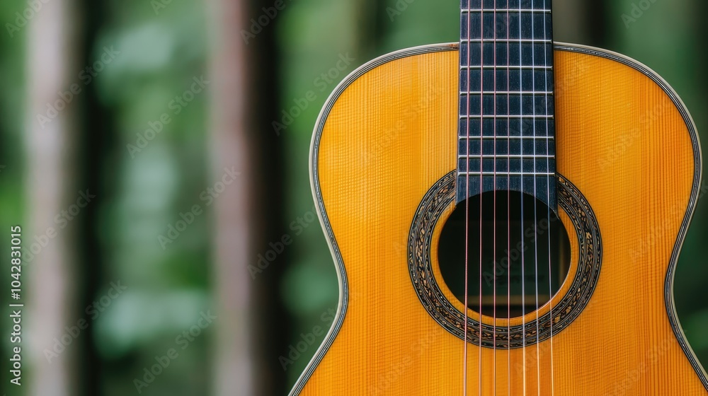 Obraz premium A close-up of a beautifully crafted wooden guitar, showcasing intricate details against a blurred green background.