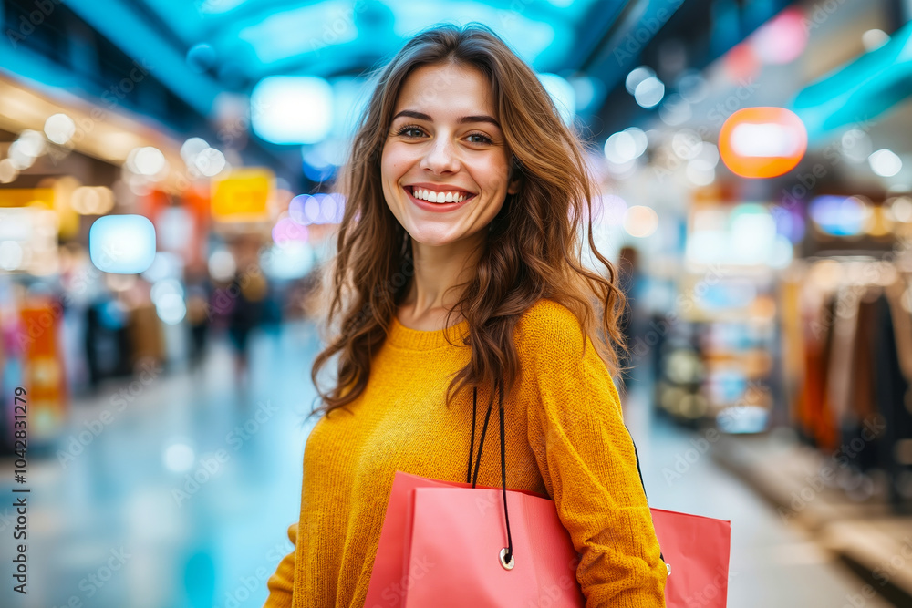 A woman with long brown hair is smiling and holding a pink shopping bag while walking through a brightly lit shopping mall A woman with long brown hair is smiling and holding a pink shopping bag while walking through a brightly lit shopping mall