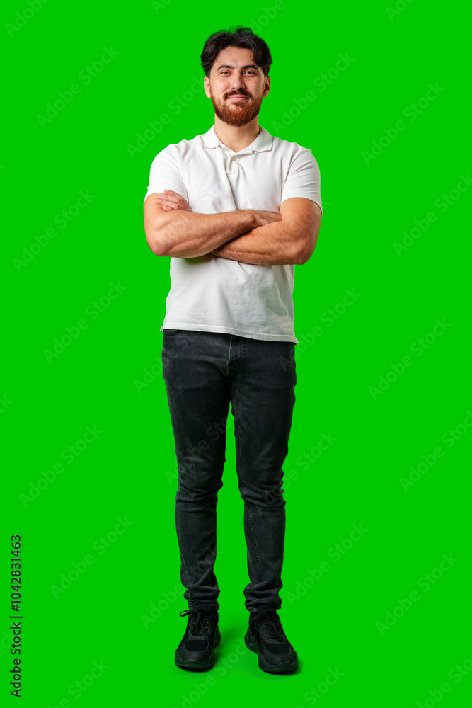 A smiling young man with a beard poses against a bright green background A smiling young man with a beard poses against a bright green background